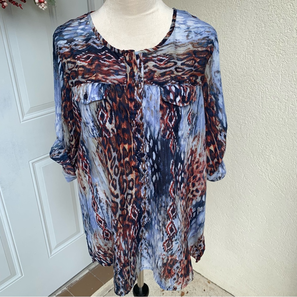 LEMON-GRASS. Tunic length Top/Blouse. Sleeves can be rolled up. Multi pattern.XL
